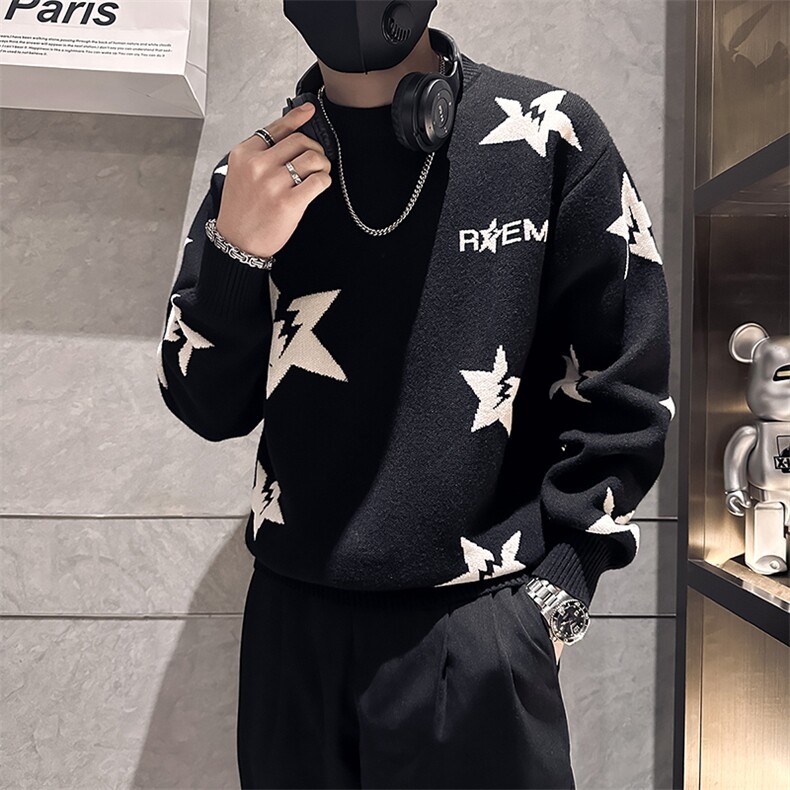 痞帅炸街撞色男士星星套头毛衣社会小伙店主风301C-M40-P68-控98，男装针织衫/毛衣，星座301C（原B323）