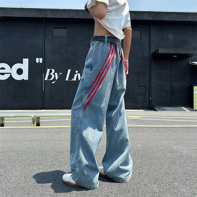 复古牛仔裤男生宽松直筒条纹拼接休闲做旧工装阔腿长裤AM8042P53，男装牛仔裤，星座1013-5