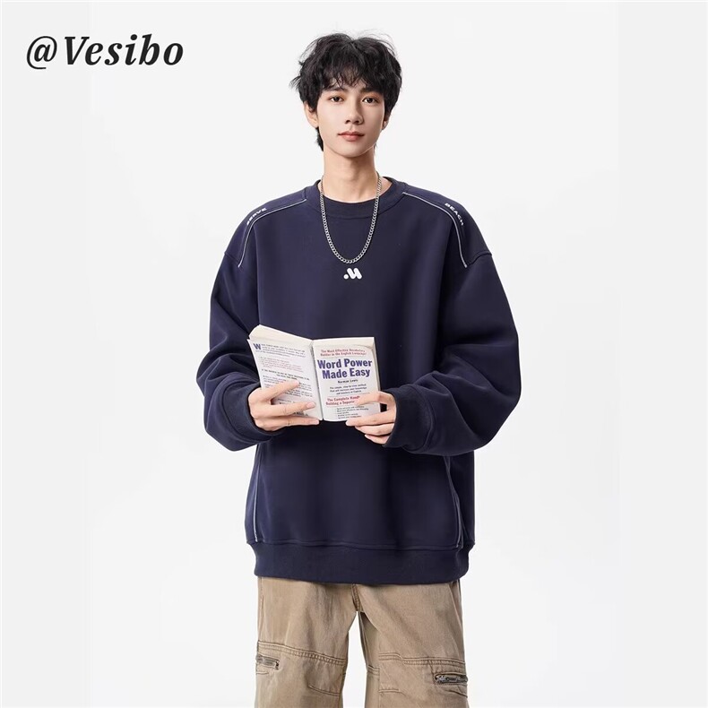 1506A/GWT120/P40插肩袖卫衣黑色装饰线解构圆领宽松,男装卫衣,星座1506A