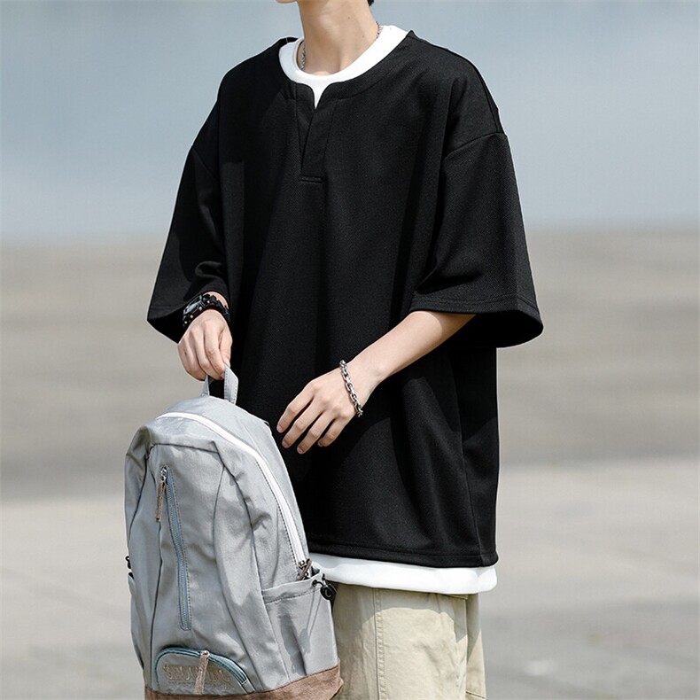 8XL-M重磅斜纹假两件短袖t恤男夏季薄款宽松大码半袖体恤DT006P45,男装T恤,电商B312