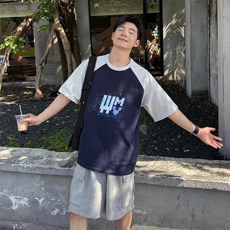 抖音得物高品质二开240克宽松纯棉美式潮牌插肩袖拼接短袖T恤,男装T恤,电商A486