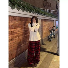 网图有货美式复古撞色格子抽绳松紧腰宽松阔腿裤男女A1324-P48，男装休闲裤，星座1505