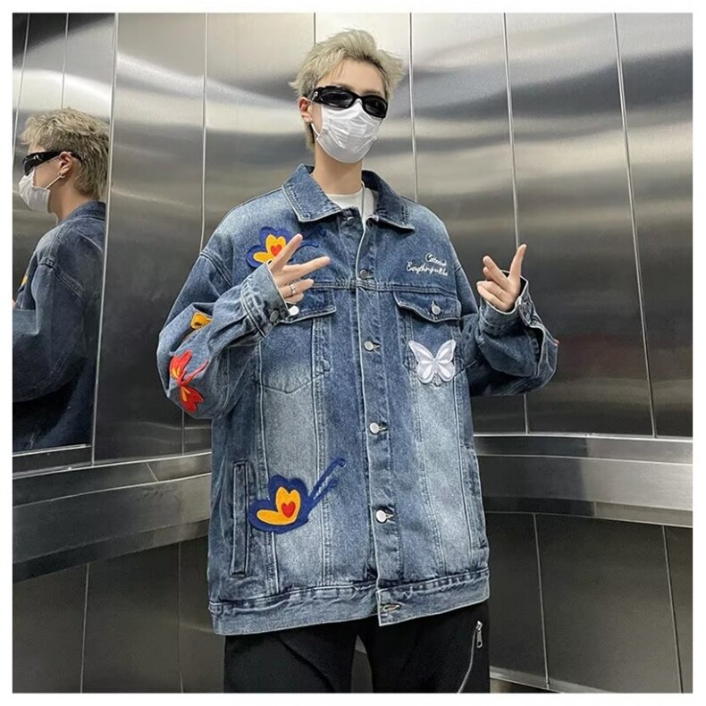 重工蝴蝶刺绣水洗牛仔衣男女春秋新款韩版高级休闲复古外套,男装工装外套,星座1013