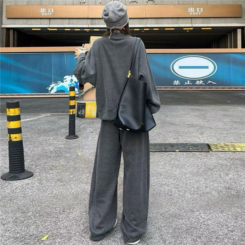 时尚休闲套装女秋季新款宽松洋气减龄纯色圆领卫衣阔腿长裤两件套,女装套装/套裙,江南