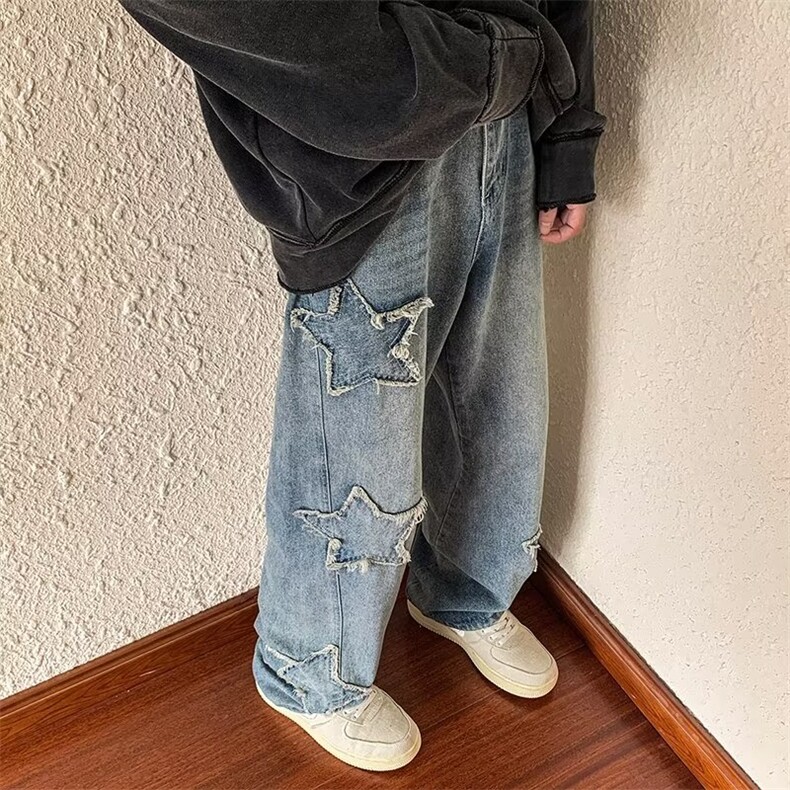 美式oversize五角星牛仔裤男女秋冬ins高街vibe风直筒裤NK206-P48,男装牛仔裤,星座1008