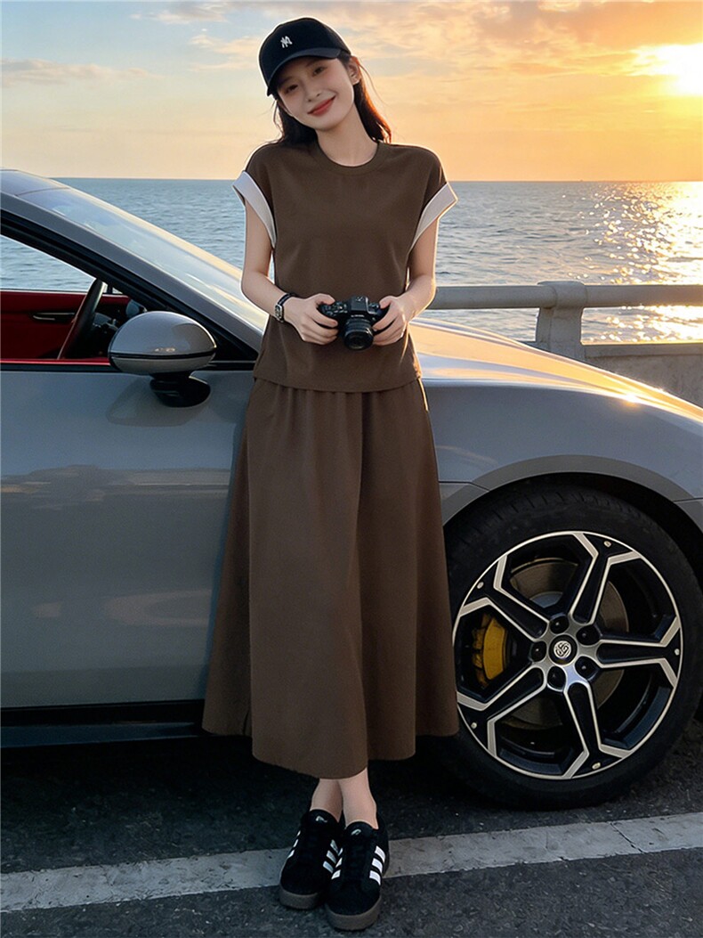 设计感时尚气质套装裙女夏新款圆领撞色拼接上衣开叉半身裙两件套,女装套装/套裙,江南