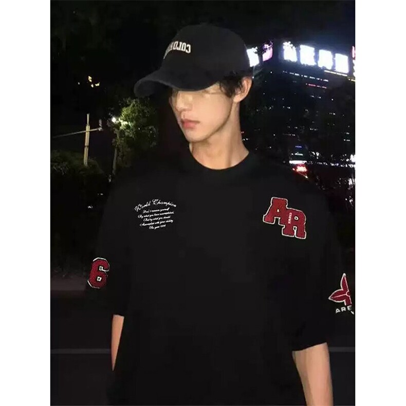 万针全刺绣工艺抖音得物高品质260克重磅纯棉双纱美式高街短袖T恤,男装T恤,电商A486