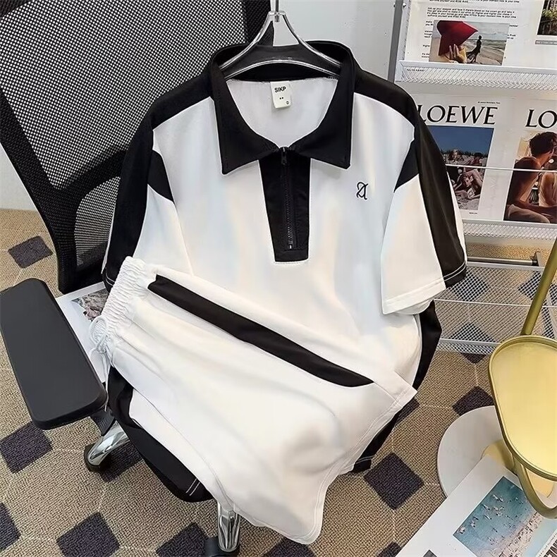 美式休闲套装男款夏季潮流拼色短袖polo衫宽松短裤百搭学生两件套,男装牛仔裤,星座1013