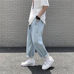 主推 港风牛仔裤男夏季新款2021九分裤男哈伦裤束脚裤B图片
