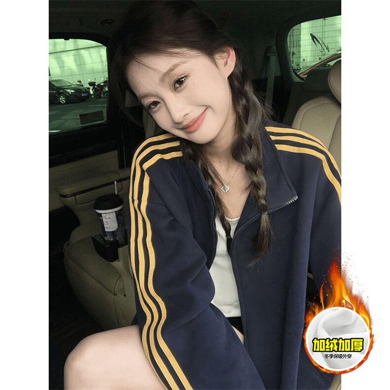 480G重磅加绒硬挺boxy男女秋冬美式高街三条杠立领卫衣开衫厚外套，女装短外套，电商A486