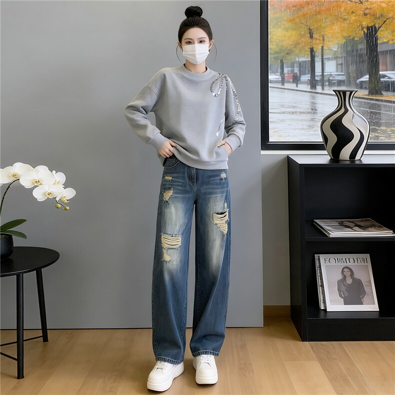 高级感时尚潮流套装女春新款修身显瘦圆领刺绣上衣牛仔长裤两件套,女装套装/套裙,江南