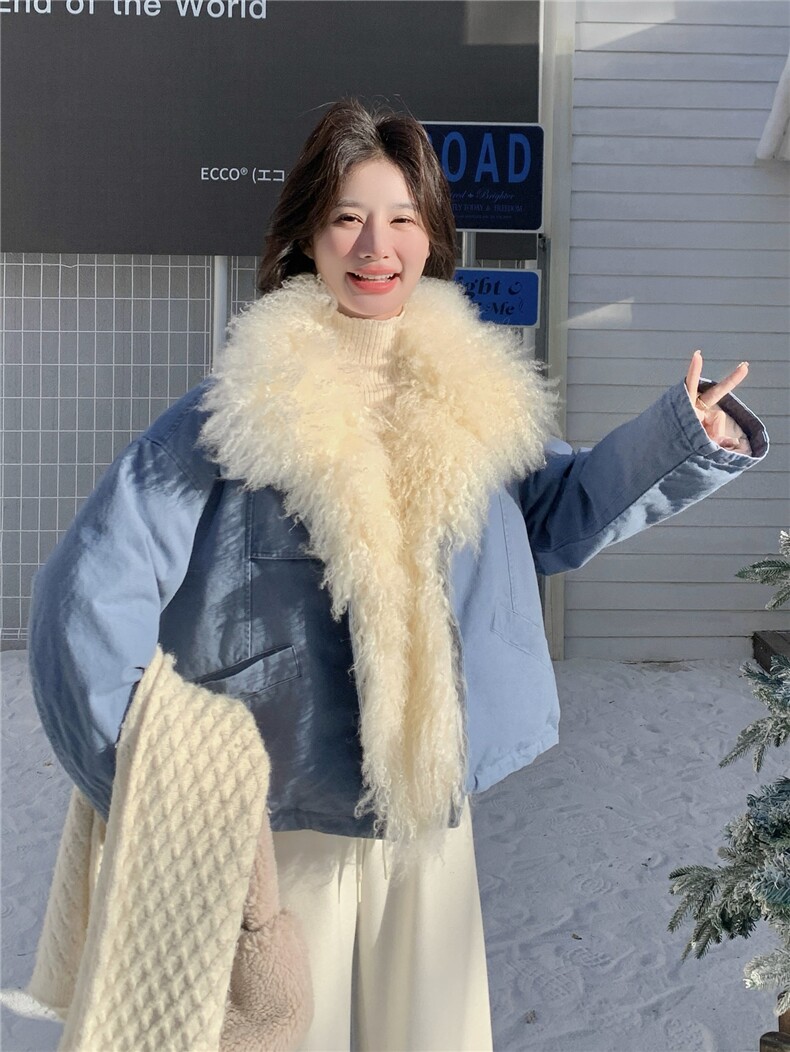 蓝色大毛领派克羽绒服女2025冬季新款设计感清新小个子加厚外套,女装羽绒服,艾米莉亚