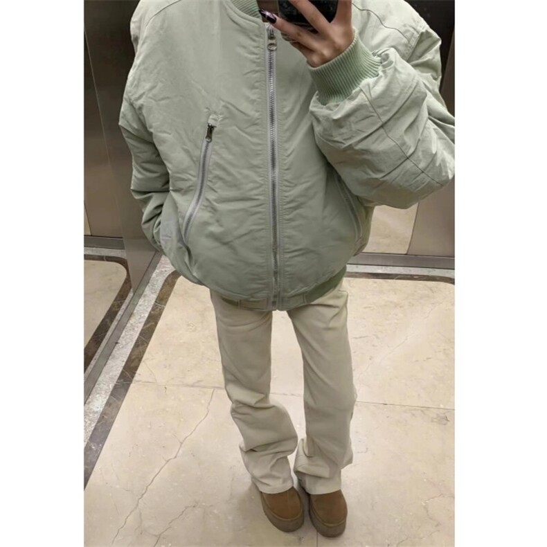 （现货）豆绿色大拉链口袋男女棉服立领棉衣,男装棉衣,星座807