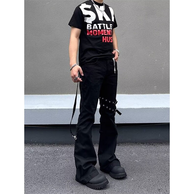 秋冬美式裤腿绑带重工高街多口袋工装水洗黑牛仔裤K7158-P55网图,男装牛仔裤,电商B245