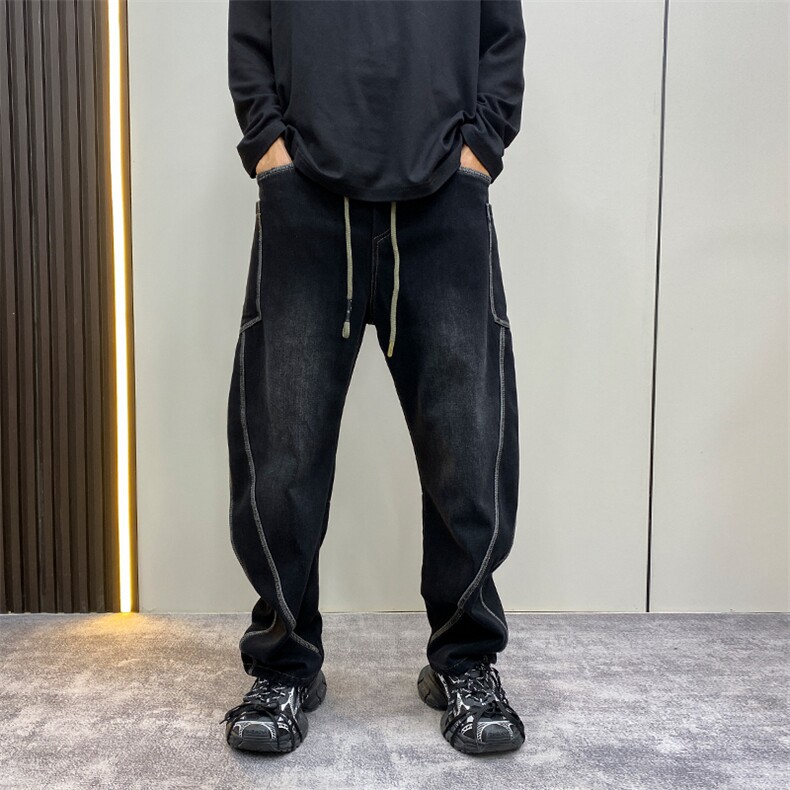 高端牛仔裤男春秋潮牌弯刀裤美式宽松休闲抽绳水洗复古直筒工装裤,男装牛仔裤,四季星座505