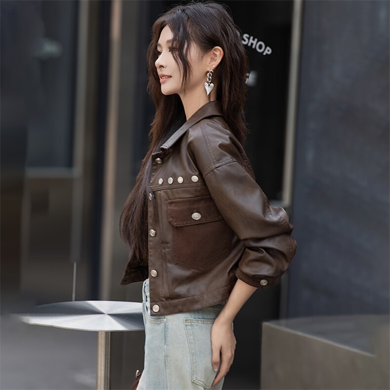 2024春秋新款美拉德柳钉短外套上衣美式复古皮衣女工装短款皮夹克,女装皮衣,潮流依族
