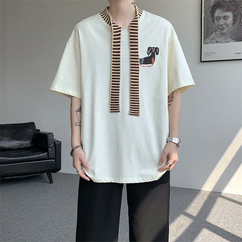 8XL-M纯棉复古拼接假领带设计短袖美式T恤男重工情侣上衣潮DX341,男装T恤,电商D206-1
