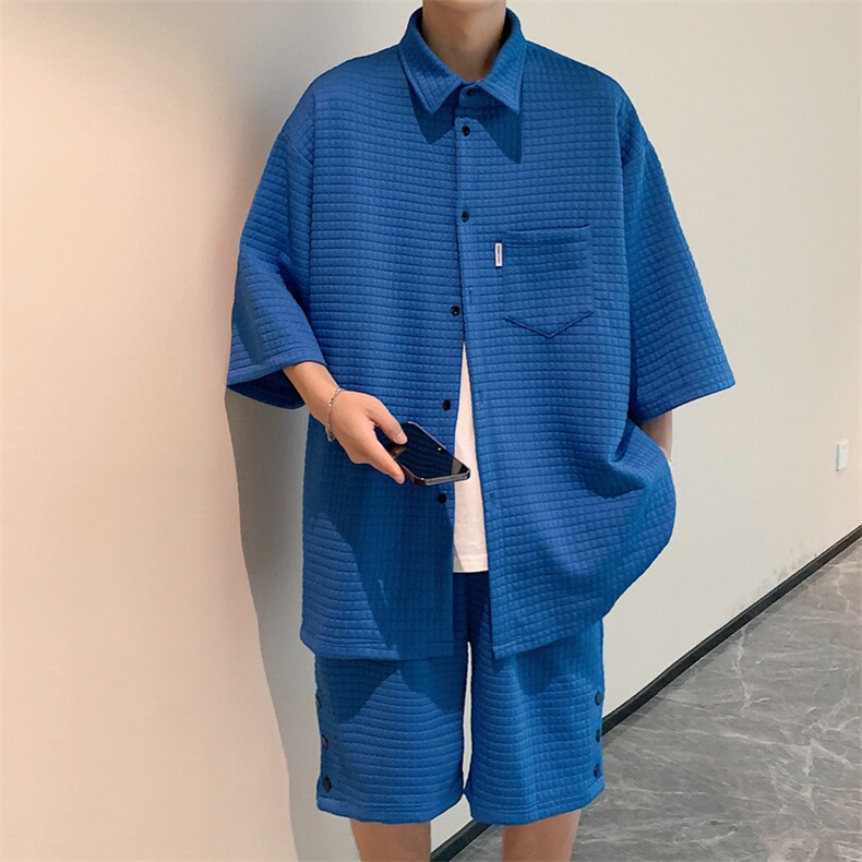 特P55控98 -华夫格休闲运动套装男夏季开衫短裤两件套XTZ223图片