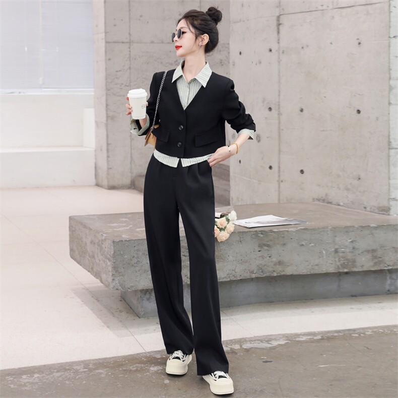 西装套装两件套女2023春季新款时尚韩版小洋气条纹拼接假两件西装,女装套装/套裙,辉之琳