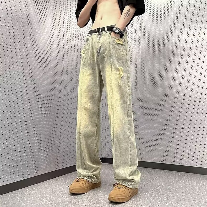 牛仔裤男秋冬潮牌宽松百搭直筒裤vibe破洞阔腿裤N2266-p42加绒52,男装牛仔裤,星座1008