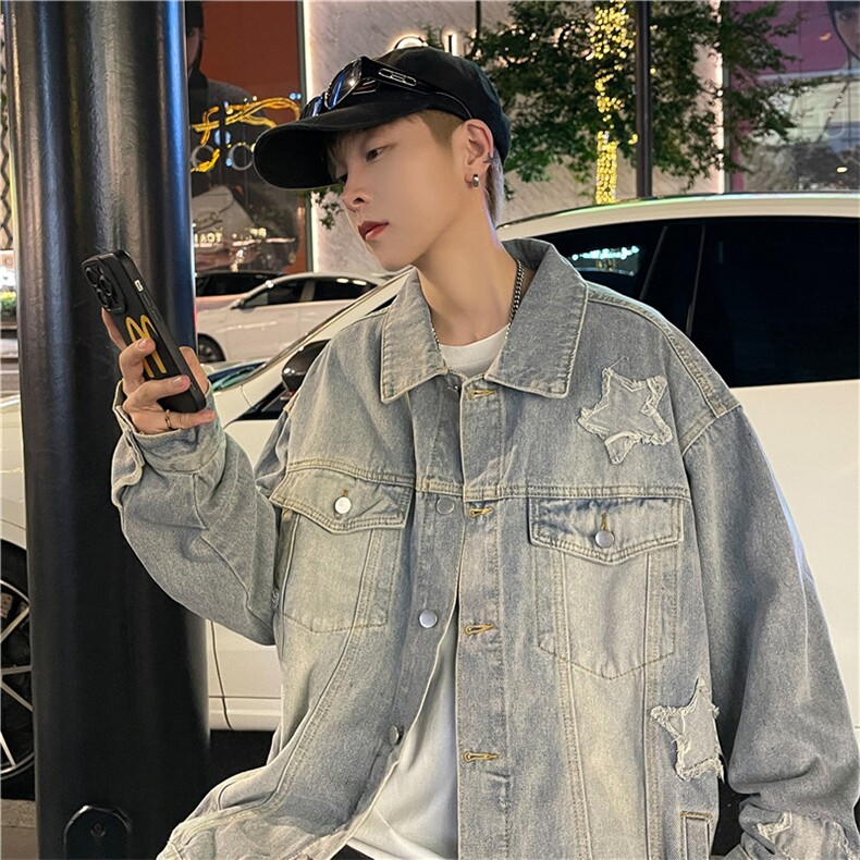 美式复古牛仔外套男春秋潮牌水洗渐变炸街星星痞帅夹克JK0306-65图片