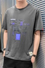 夏季港风大码宽松方格短袖T恤男圆领纯棉中袖卫衣模灰T9555，男装T恤，星座1207