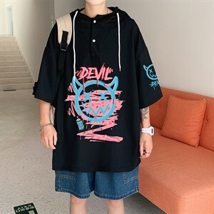 LD54178-P45 连帽短袖t恤男大码胖子带帽五分袖中袖图片