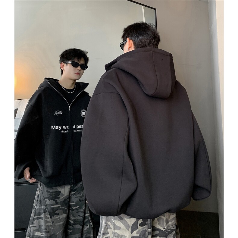 美式高领开衫外套男秋季百搭休闲连帽夹克宽松上衣字母印花,男装夹克,电商C307