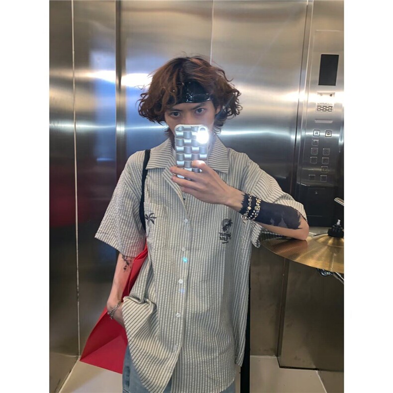 法式条纹短袖衬衫男夏季新款潮流宽松衬衣青少年高街翻领上衣外套,男装衬衫,星座506A