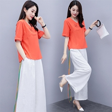 套裙女2021年夏季新款棉麻复古盘扣大码文艺两件套装，女装套装/套裙，艾仟回(原伊仟回)