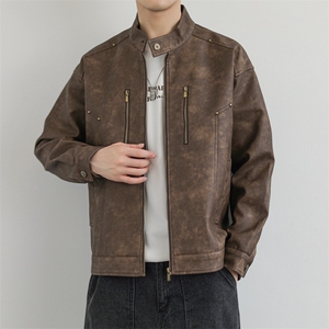 立领机车外套男美式痞帅铆钉复古做旧皮夹克JK0193-P88图片