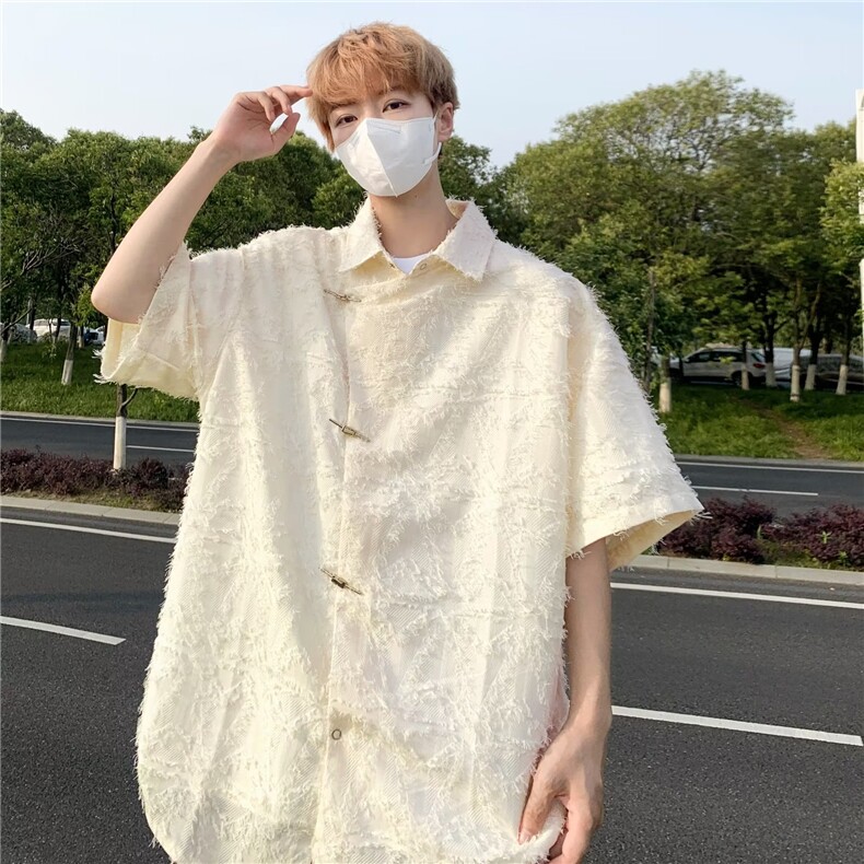 潮中式衬衫男复古风短袖夏季网红宽松上衣T恤W1277-P53,男装T恤,星座1109-3