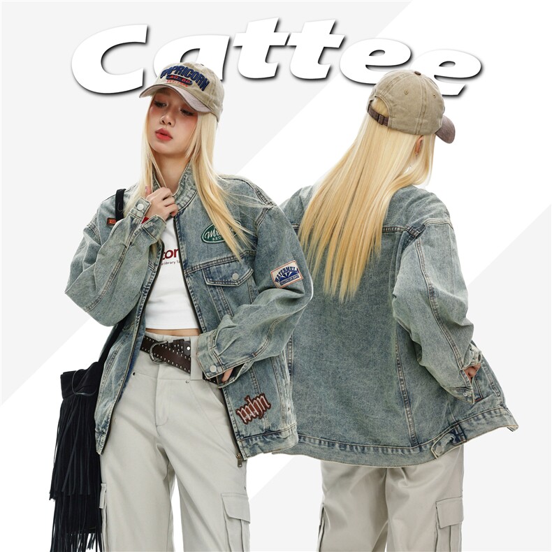 2025秋模特图美式街头立领贴布水洗牛仔外套潮牌--5028控价168，男装夹克，电商S012（CATTEE）