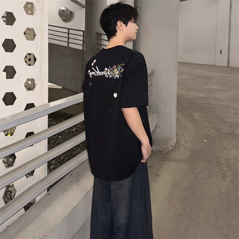 万针全刺绣工艺抖音得物高品质260克重磅纯棉双纱美式高街短袖T恤,男装T恤,电商A486