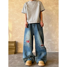 牛仔裤男女美式高街重工贴布拼接裤子复古水洗阔腿垂感休闲裤，男装牛仔裤，四季星座505