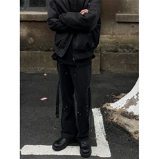 美式hiphop裤子高街vibe交叉绑带牛仔裤修身直筒微喇叭裤，男装牛仔裤，星座310A-4