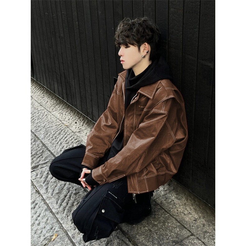 现货不缺货水洗皮衣做旧百搭宽松假两件夹克1209-1-JK17-P108，男装皮衣，星座1209-1