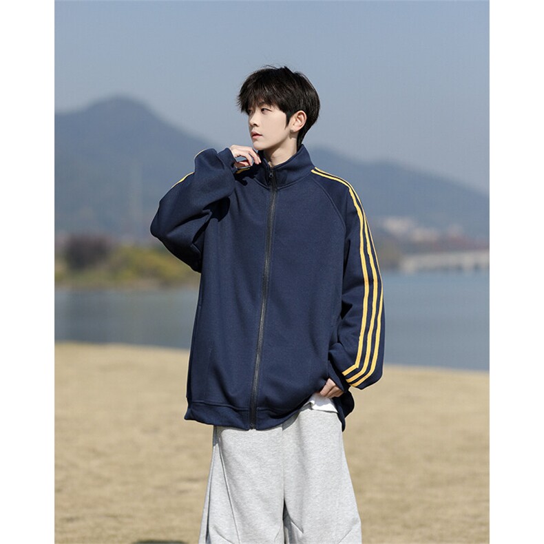 8XL-M三条杠运动卫衣特大码美式条纹立领夹克开衫外套JK5205/P65,男装夹克,电商B238