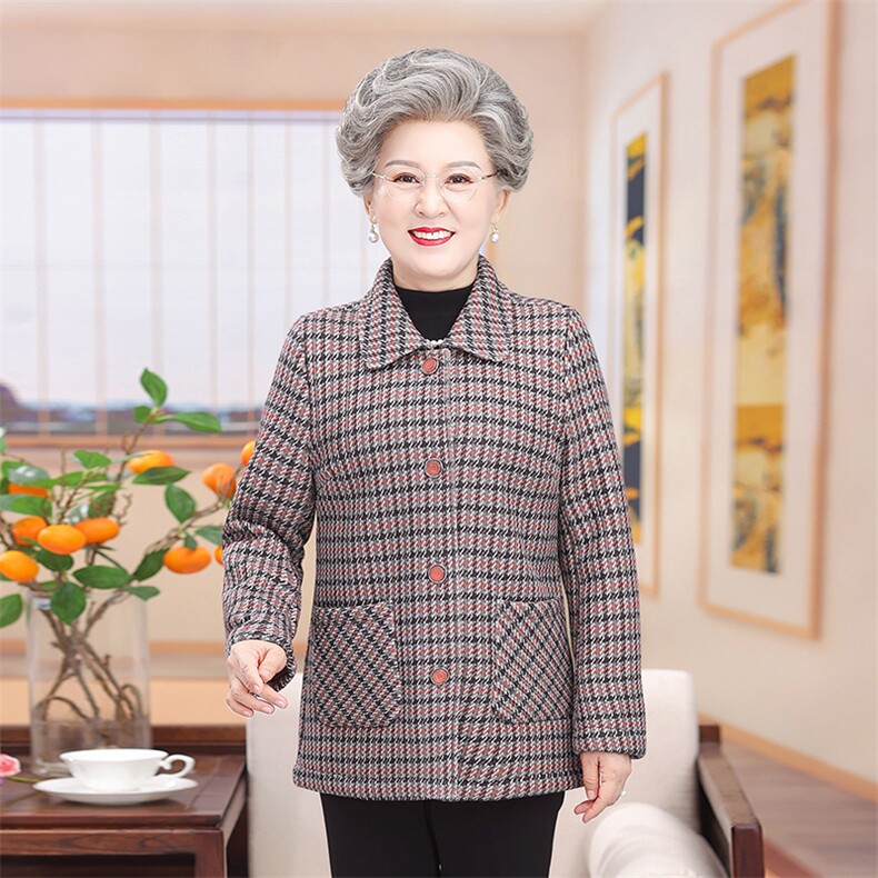 外套格子开衫奶奶装大码长袖扣子衫中老年女装秋冬翻领加绒大衣,女装中老年女装,亚东羊绒制品