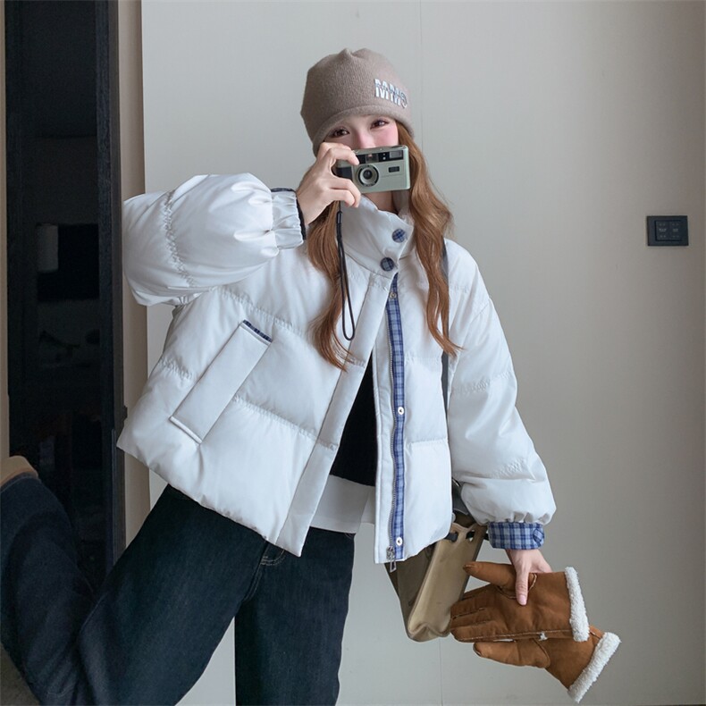 2025新款羽绒服女短款韩版立领拼格面包服小个子保暖外套潮,女装羽绒服,2C278