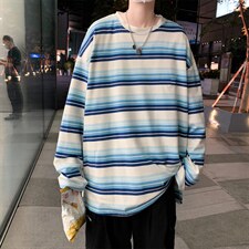 新款条纹长袖男oversize美式复古2021设计感小众奶系T恤T726-P26，男装T恤，星座512-4
