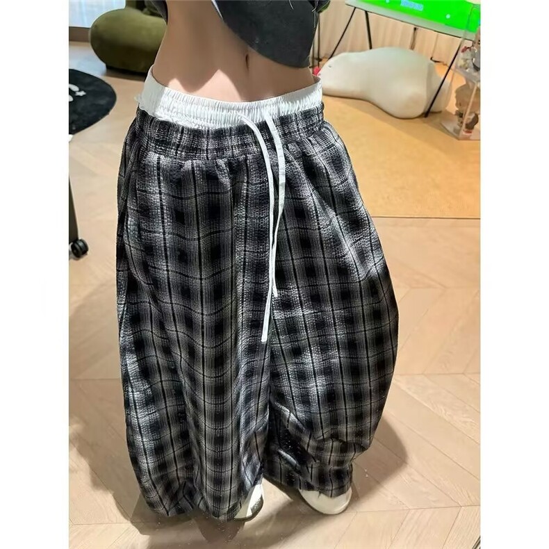 A8048-P46慵懒风格子裤女夏季2025新款小个子高腰格纹阔腿裤,男装休闲裤,电商B323A