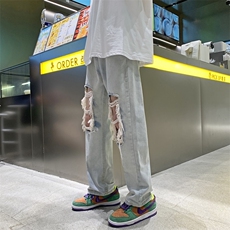 高街膝盖大破洞阔腿牛仔裤男2023年春夏乞丐老爹裤子N06003-P40，男装牛仔裤，星座308B-2