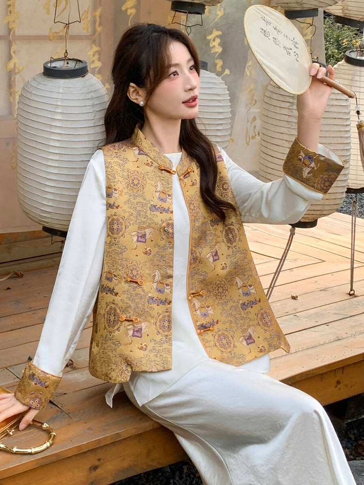 2026年春季新中式g风高级感提花马甲配衬衫两件套,女装套装/套裙,超帛