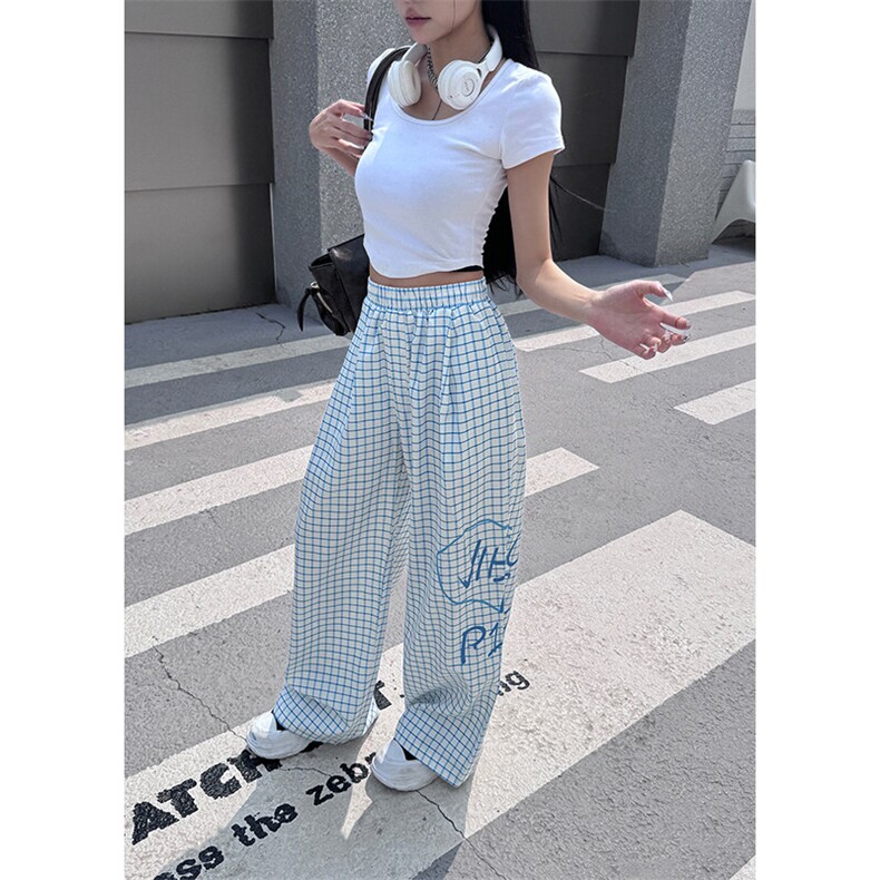 韩系纯欲爱心字母印花粉白格纹休闲裤宽松阔腿裤YBK87P36,男装休闲裤,星座1013-1