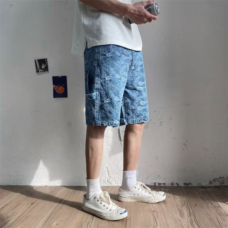 夏季日系潮牌腰果花牛仔短裤男韩版潮流五分裤港风宽松学生,男装牛仔裤,星座506A