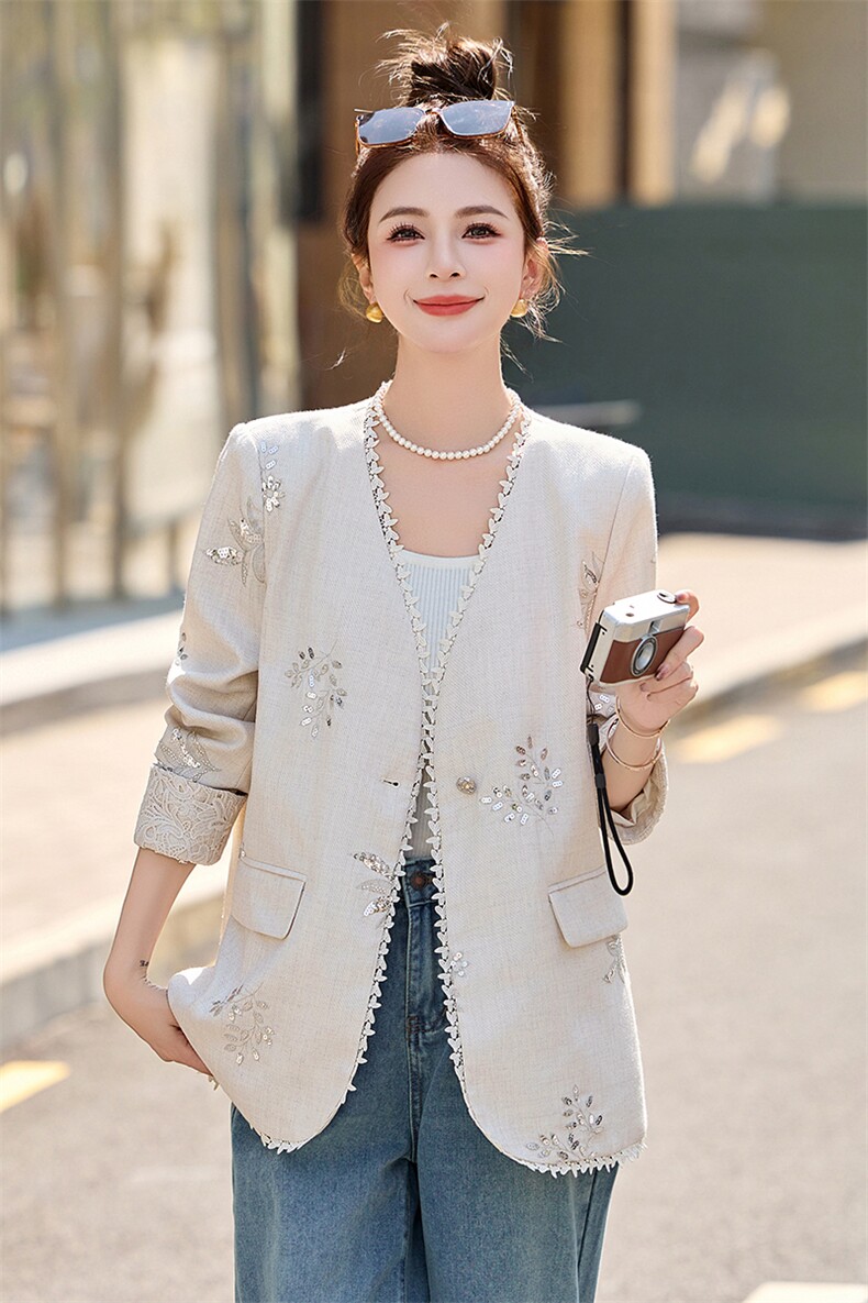 2025春新款新中式刺绣西装外套女高级感显瘦V领气质西服上衣,女装西装,妙形