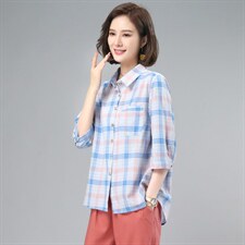 纯棉格子衬衣女款2025新款爆款春秋中老年女士衬衫长袖上衣图片