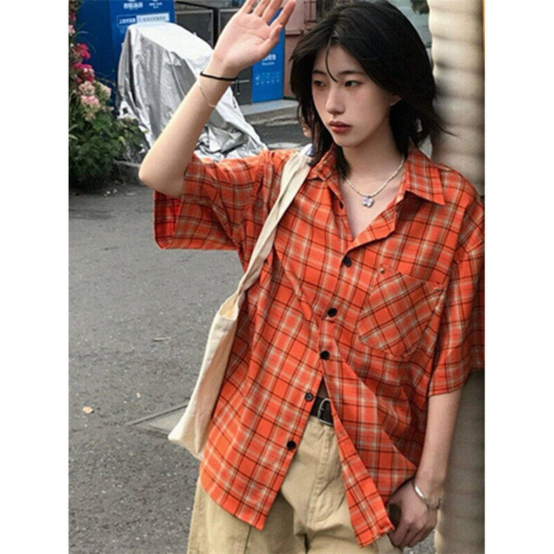 美式复古格纹短袖衬衫男女宽松百搭休闲高街情侣衬衣L52622-P31图片