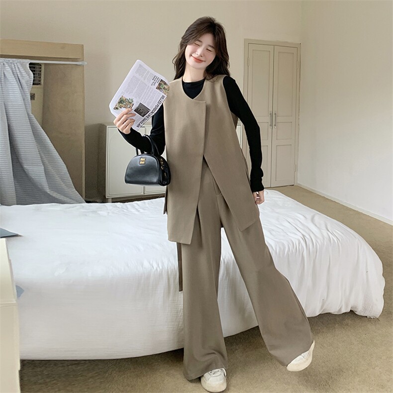 卡其色高级感休闲套装女2025年秋季新款韩版显瘦马甲阔腿裤两件套,女装套装/套裙,2C116